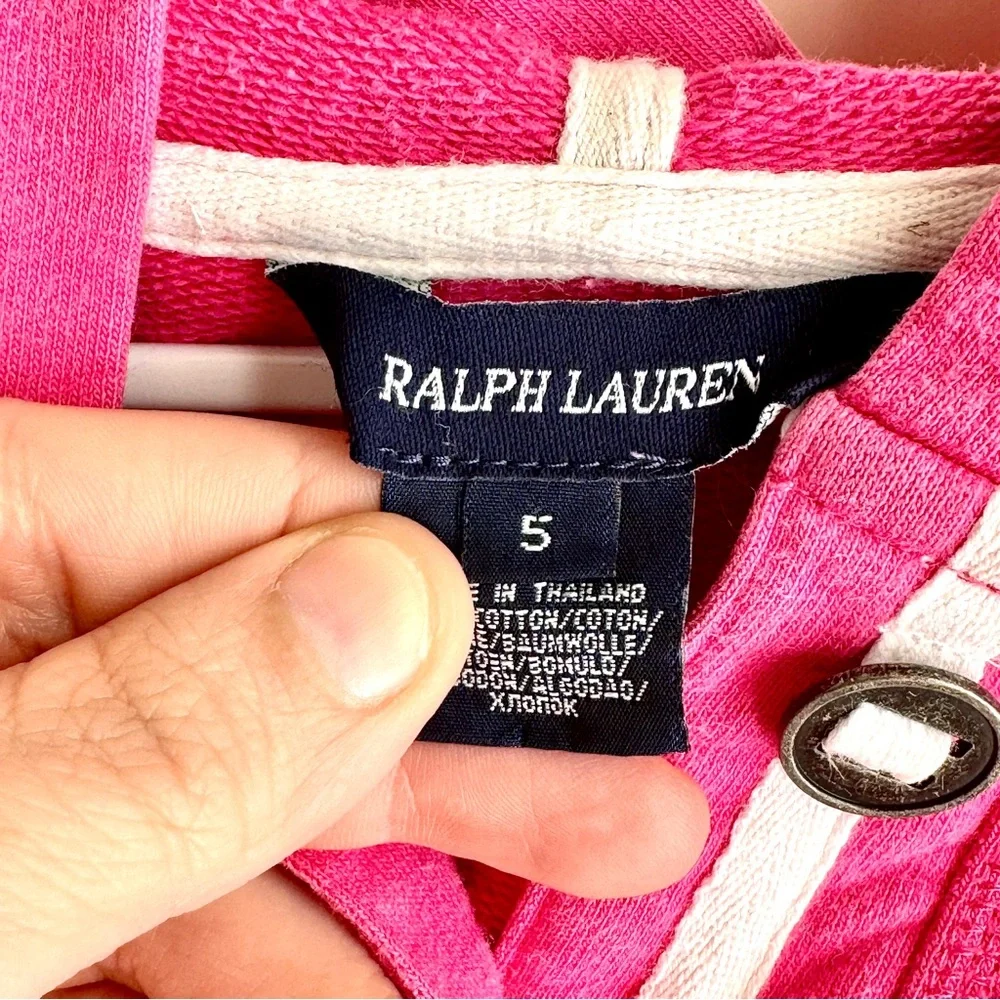 Ralph‎ Lauren Girls Pink Button Front Hoodie Size 5 Cotton Preppy Sweatshirt